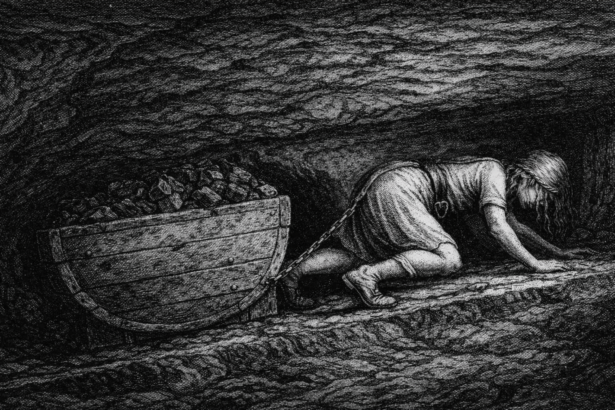 A young girl crawls on all fours through a narrow coal mine tunnel, dragging a loaded coal tub behind her by a chain fastened to her waist